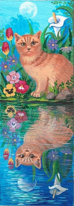 DOUBLE LENGTH ACEO PRINT OF PAINTING TABBY CAT RYTA POND REFLECTION FLOWERS MOON