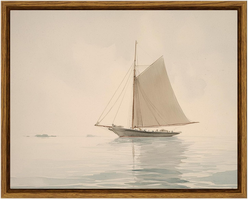 VIYYIEA Framed Wall Art, Canvas White Sailboat Seascape Watercolor Vintage Pa…