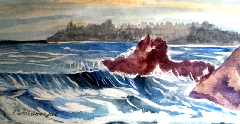 Original watercolor seascape waves rocks handmade 7,9×11,3in contemporary art