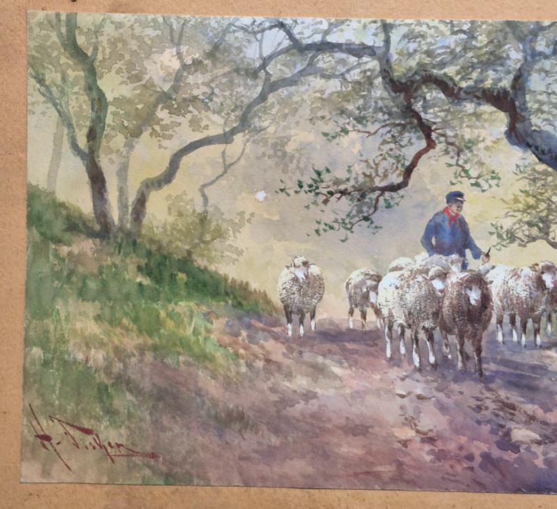 Hugo Melville Fisher (California, 1878 - 1946) Watercolor Shepherd's landscape gallery