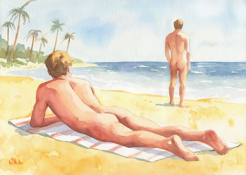 Original Hand painted Artwork Watercolor Painting Gay Man Male Nude