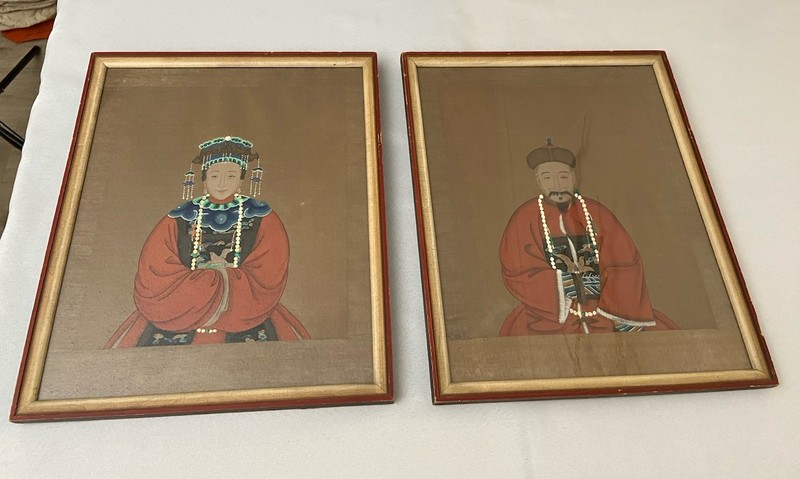 Fine Chinese Ancestral Painting On Silk In MCM Wood Frame 16×13” Each Vintage