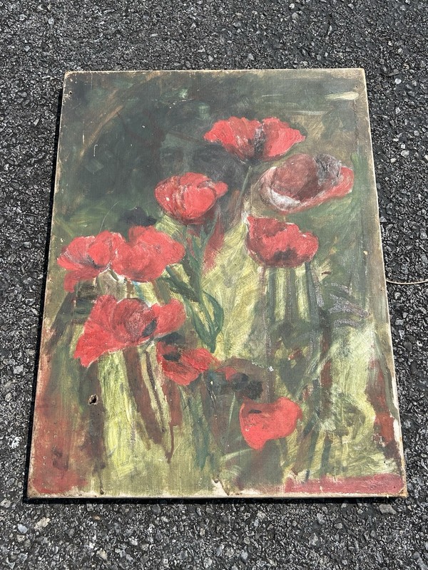 18th Century Red Poppies Oil Painting Signed Canvas Helena de Kay Gilder NY