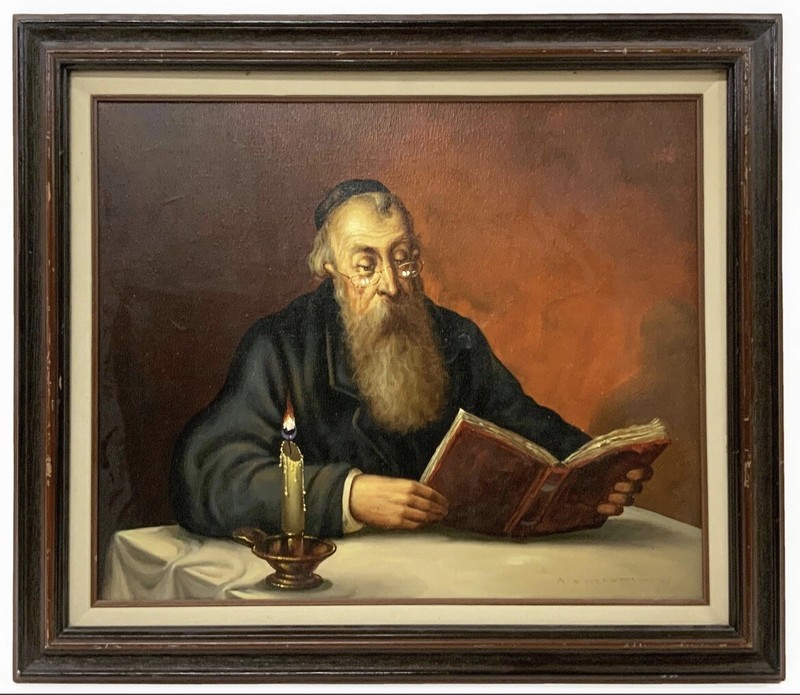 Abraham Straski, Rabbi Reading by Candlelight – Oil on Canvas