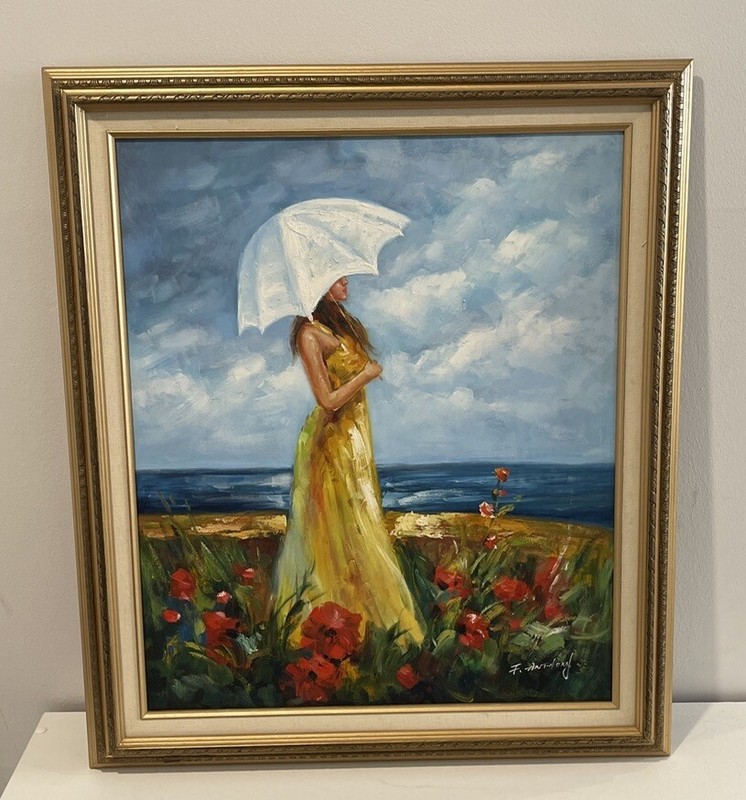 Woman Holding Umbrella By The Ocean – Oil Painting On Canvas By F. ANTHONY