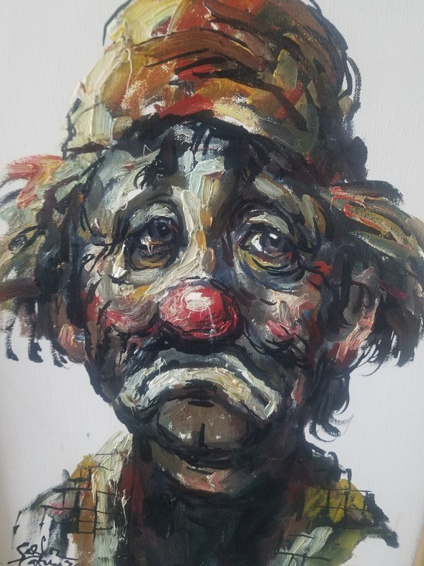 Vintage Signed /Framed» Sad Clown» Original Oil Painting 19 3/4″ × 15.5″