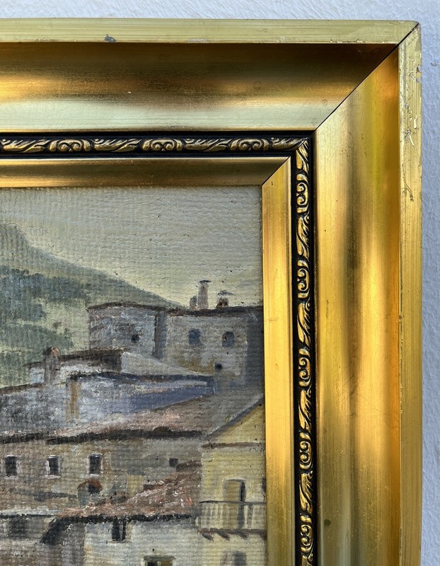 Impressionist Hilly Landscape Village Houses Clothesline Oil Painting Antique gallery