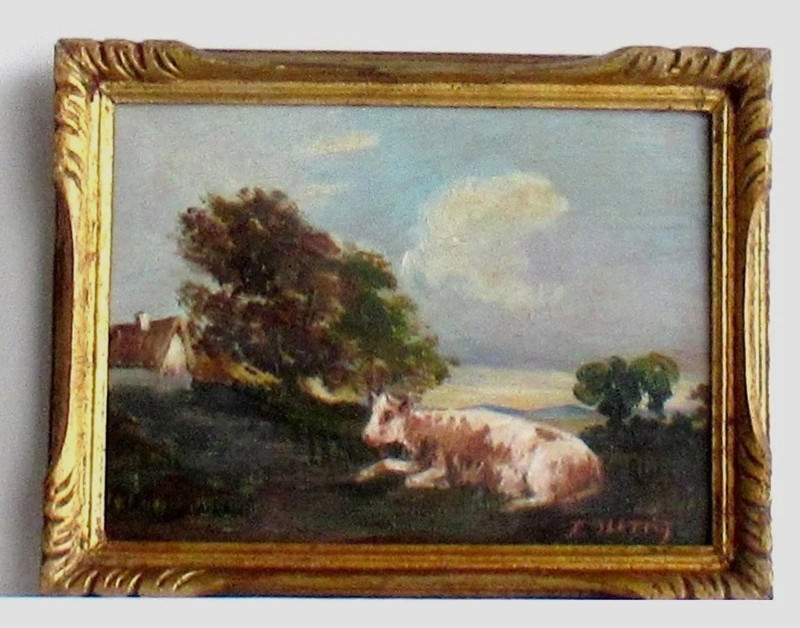 19TH ANTIQUE VINTAGE SUPERB BEAUTIFUL FRENCH OIL PAINTING PORTRAIT OF COW