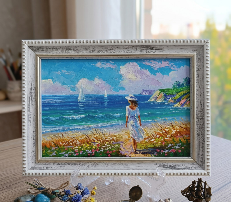 Beach Girl Original Oil Painting 4x6 Framed Signed Woman Sea Beachfront Art gallery