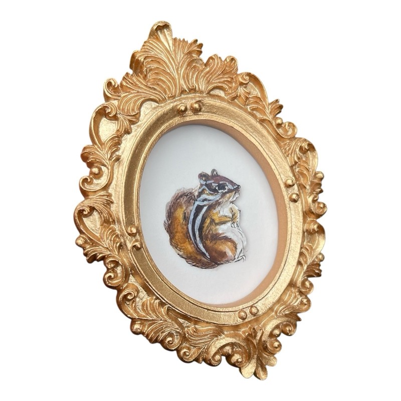 Chipmunk 🐿️watercolor print of painting in mini gold vintage style ornate frame gallery