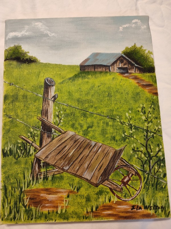 Ila Weldon Realism Original Signed Acrylic Painting Barn Landscape Wheelbarrow