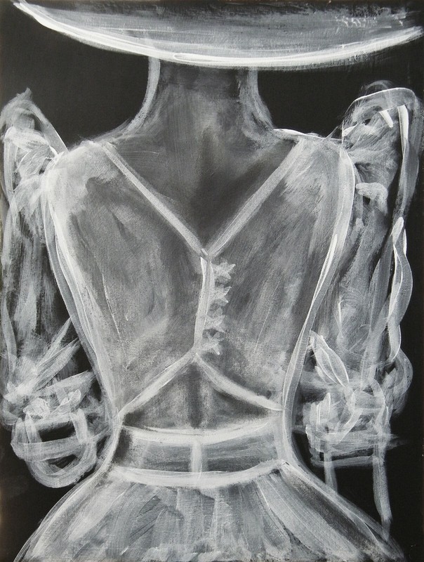 Female Back Elegant Dress Monochromatic Original Art Minimalism, 16×12 Abstarct