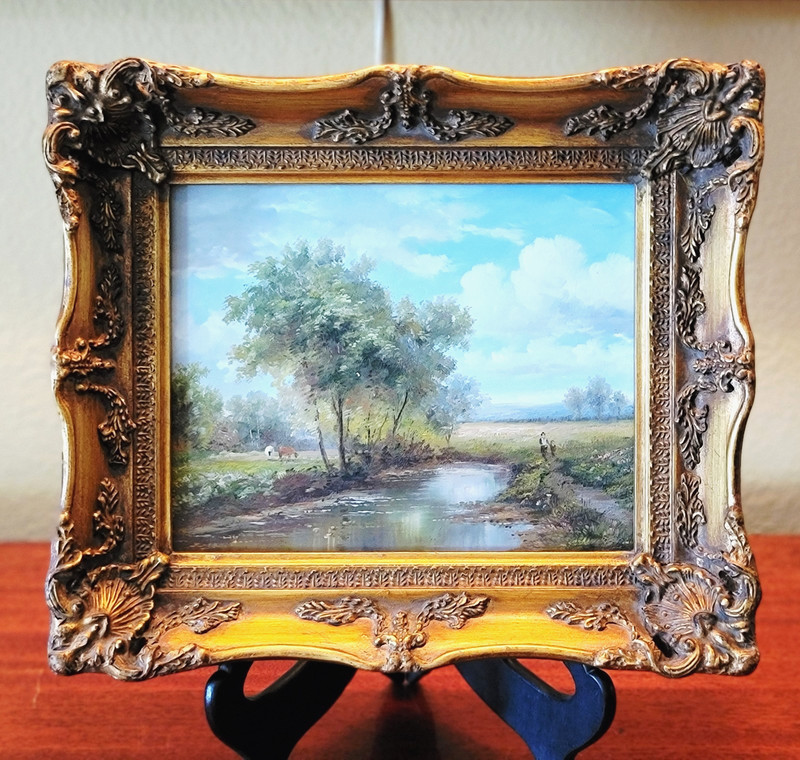 GILT FRAMED OIL ON BOARD BUCOLIC LANDSCAPE UNSIGNED, 14»W X 12»H