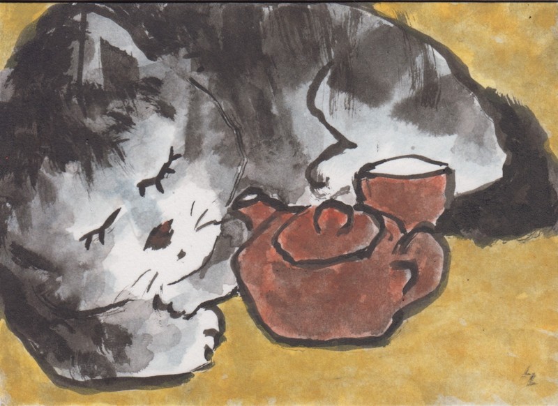 LinLi888 Art ACEO Original Watercolor Sumi-e Painting Cat Tea Set 25103006