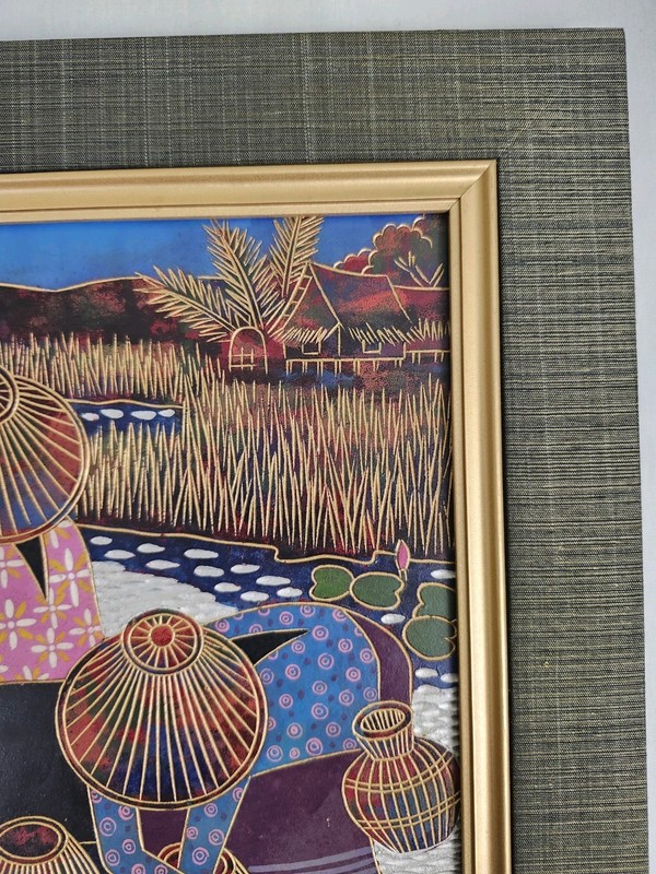 Vintage Southeast Asian Lacquer Painting Fishing Scene Framed Wall Art Women gallery