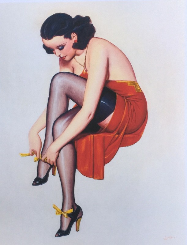 BOLLES or ELVGREN Pinup Original VANCAS Painting UPSKIRT Pin-Up Stockings 1of 2