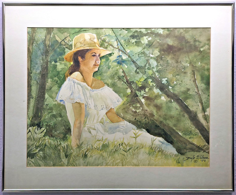 Watercolor Painting of a Lady in a Sun Dress & Hat by trees by Dale Wilson