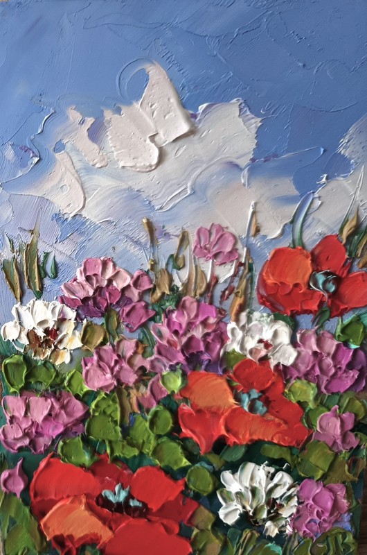 Miniature Original Oil Painting Clover and Poppies Impasto Original Art 6x4in