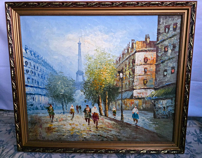 Vintage Framed Paris Oil Painting Eiffel Tower Street Scene Impasto Art 24×20