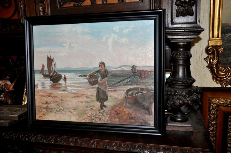 powerful Vintage Allegorical Clamdigger Painting signed