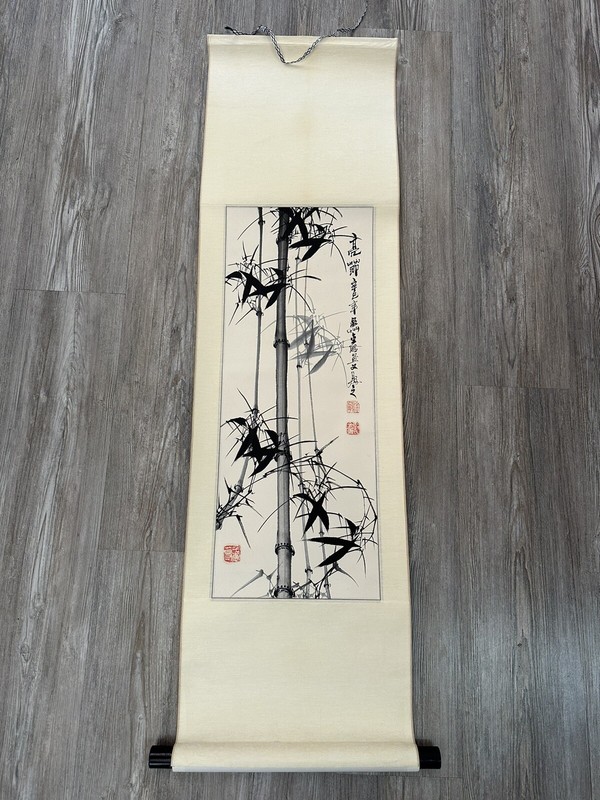 OLD 1990’s Hanging CHINESE BAMBOO ORIGINAL WATERCOLOR PAINTING SIGNED 45×13 Mint