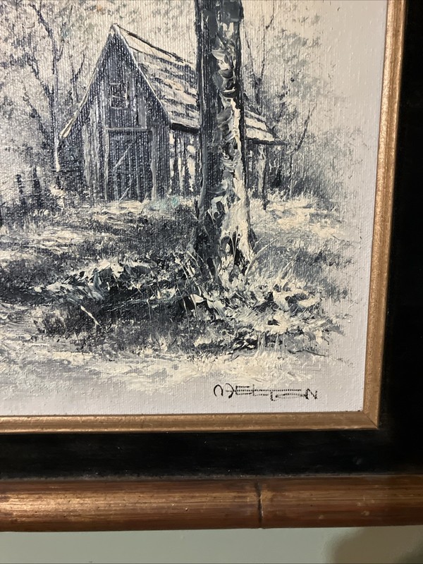 Melton Signed Oil Painting Canvas Country Cottage Forest Lake Water Cabin 20x16 gallery