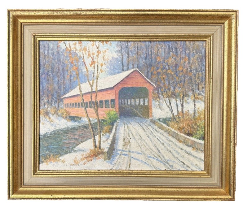 Albert Van Nesse Greene 1887-1971 Oil On Board Of A Covered Bridge In The Snow