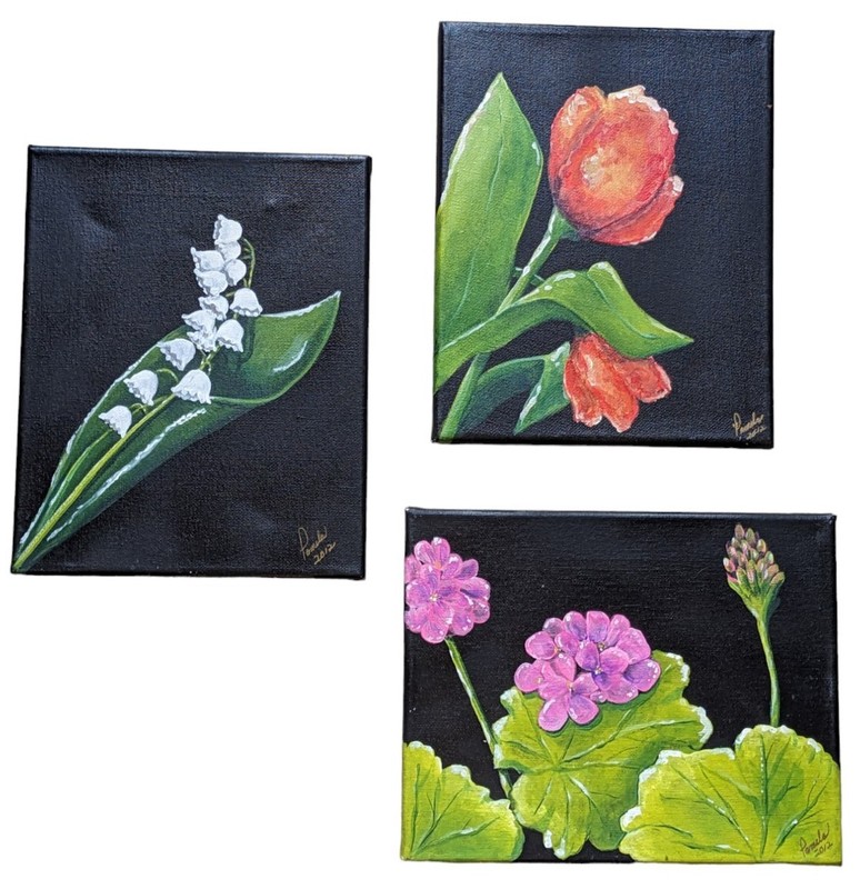 Dark Fairy Flowers Paintings Set of 3 Tulip Geranium Lily of the Valley Artwork