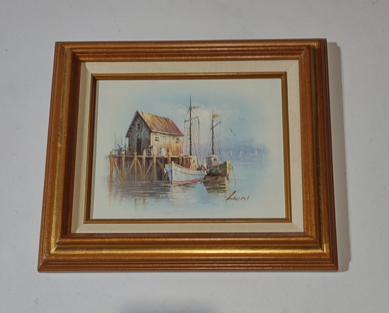JOHN LUINI OIL ON CANVAS SEASIDE FISHING VILLAGE GLUED TO WOOD