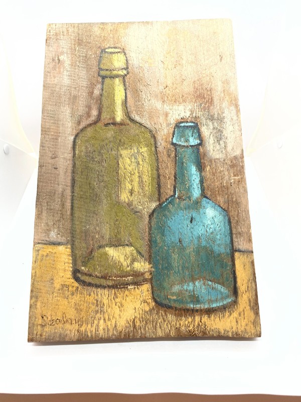 Mid-Century Doris Szalay (1911-2008) Painting on Board Wine Bottles 10″x16″
