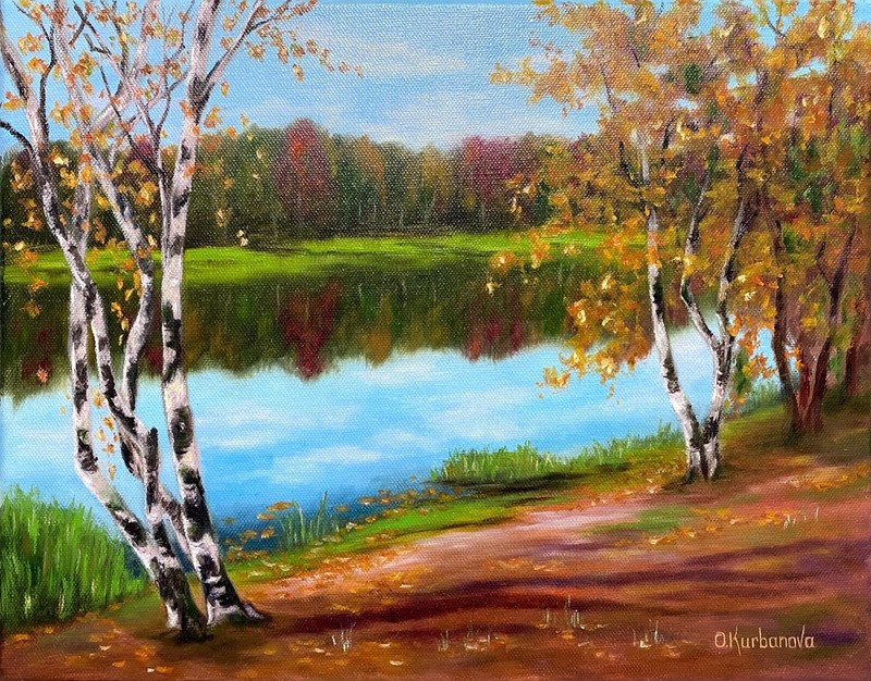 Original Fall Lake Oil Painting Autumn Birch Trees Country Landscape Wall Art