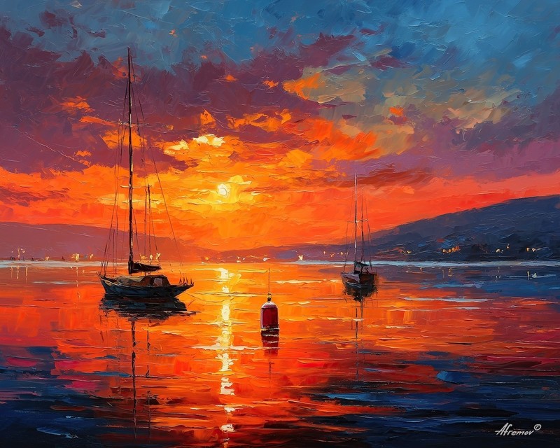 Leonid Afremov SUNSET ON THE BAY Oil Painting 20″x16″ by Official Studio GICLEE