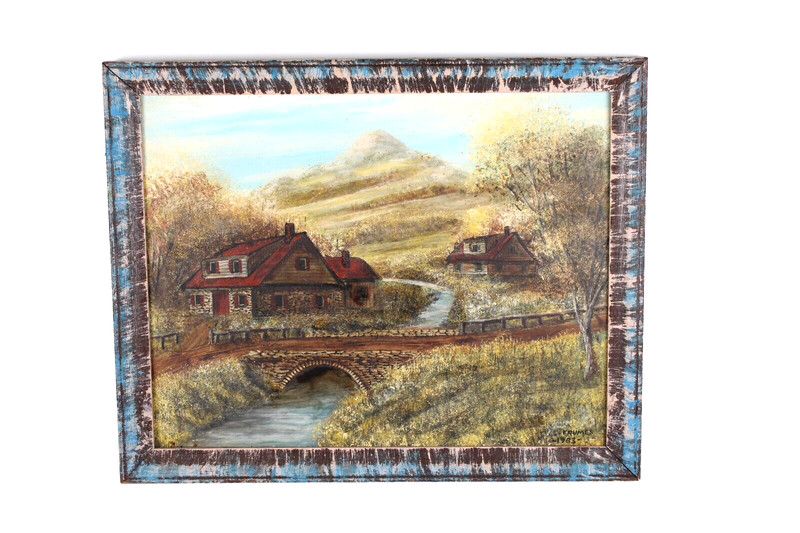 Vintage Homestead Oil Painting On Masonite Joseph Charles Frumes 1983 gallery