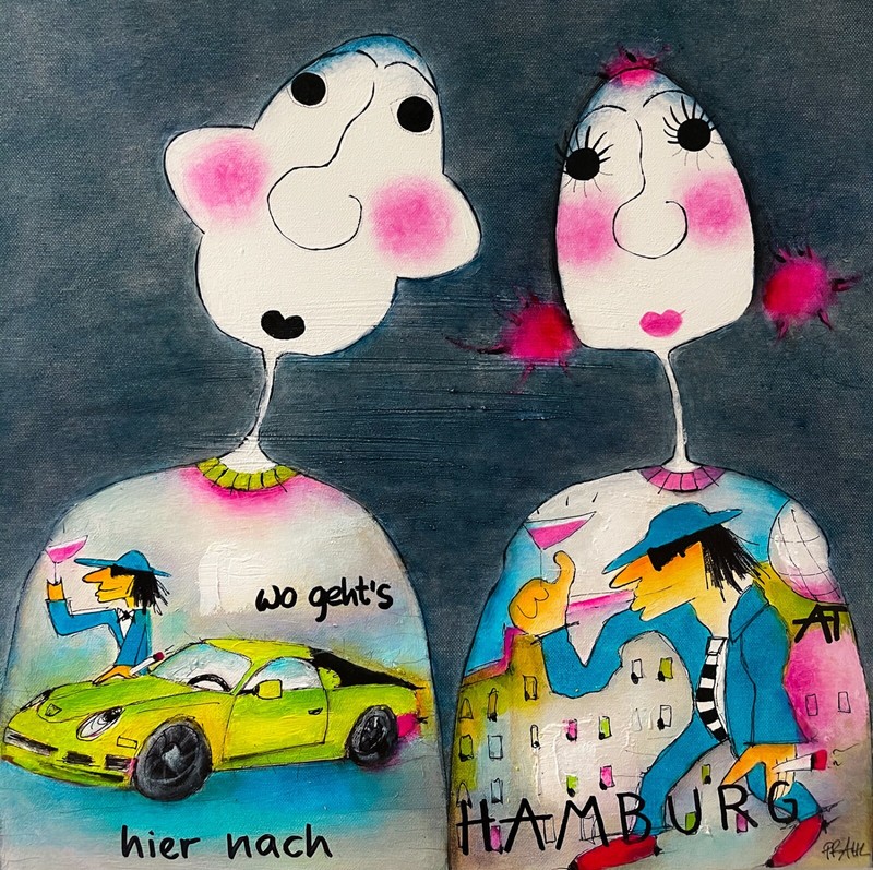 Art Beate Prahl, Hedda Udo Lindenberg comic, acrylic on canvas, Porsche