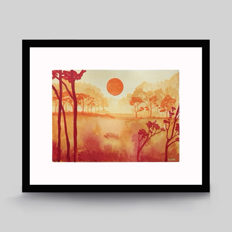Original Watercolor Art Landscape Red Tree Woods Minimalist Painting Signed 5×7