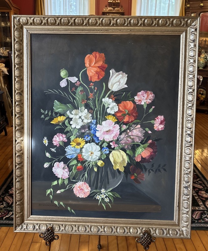 Still Life Oil Painting Floral Signed Antique Frame Gold 36 X 29 Inches