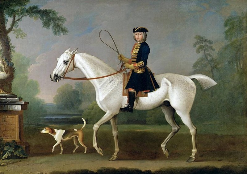High-quality Oil painting count man portraits ride white horses with dog
