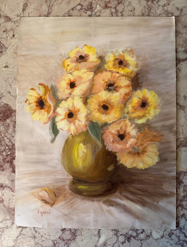 Original Signed D Gates Floral Still Life Painting Canvas Board Cottage