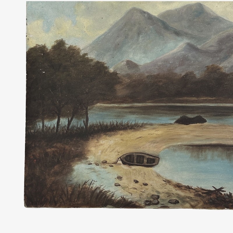 Antique Folk Art Mountainous Landscape with Lake and Boat, Oil on Board gallery