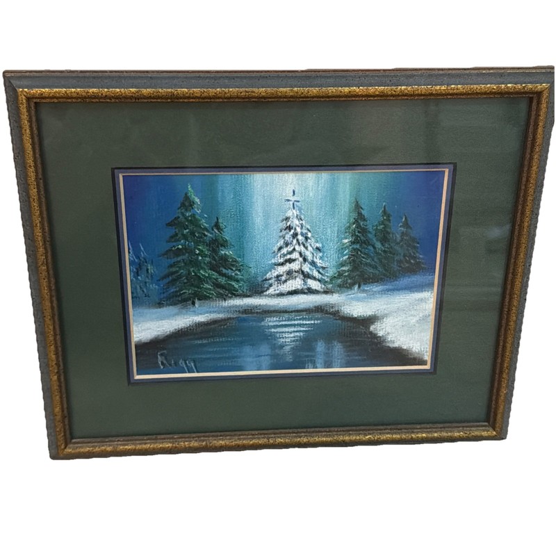 Vintage Signed Matted Framed Christmas Tree Snowy Landscape Oil Painting Rigg