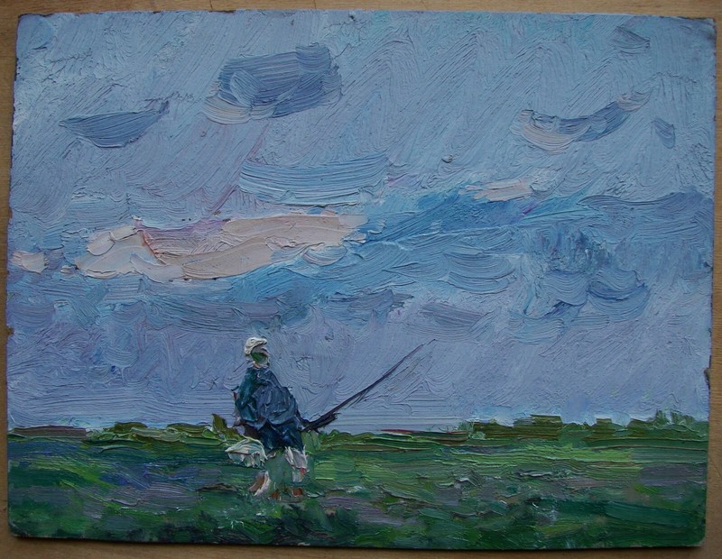 Ukrainian Soviet USSR Oil Painting impressionism fisherman landscape clouds