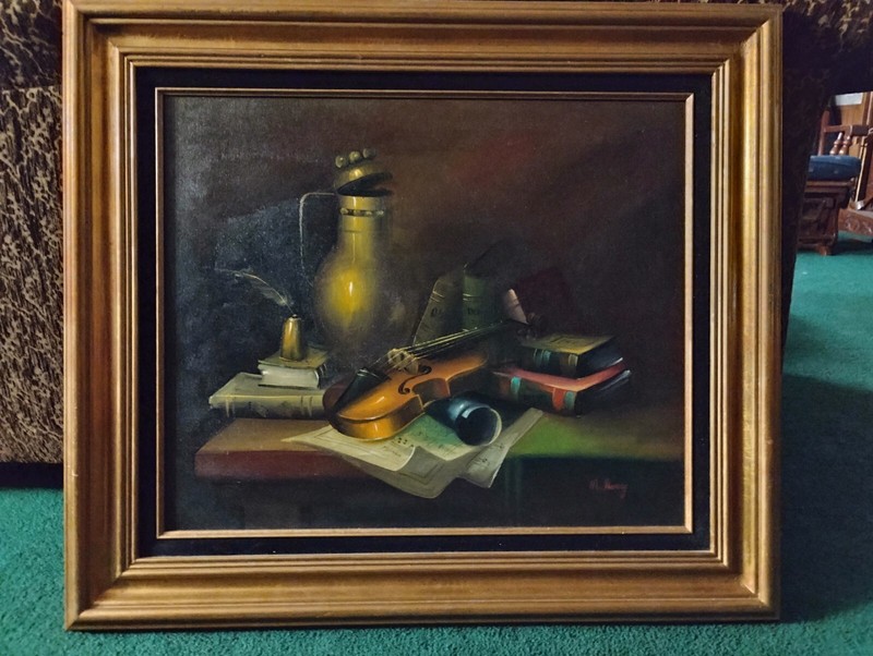 Vintage Artistic Interiors Violin & BooksCertified Original Oil Painting #577746 gallery