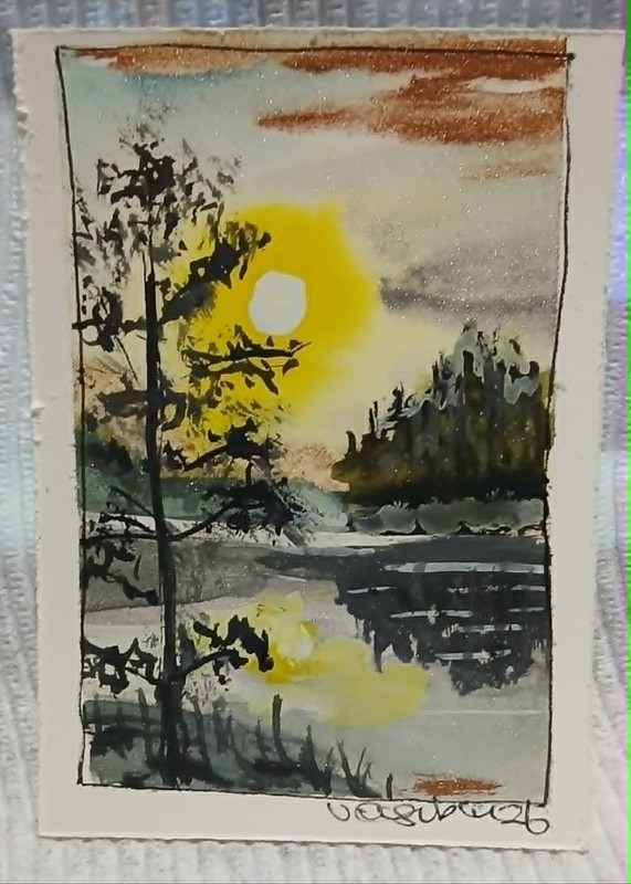 Serenity Landscape — Winter Sun Over Still Lake ACEO OOAK Watercolor