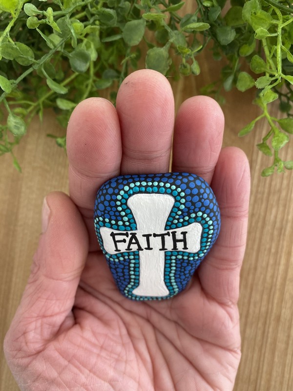 Handpainted Rock W/ Cross Design & The Word Faith Dot Painting gallery