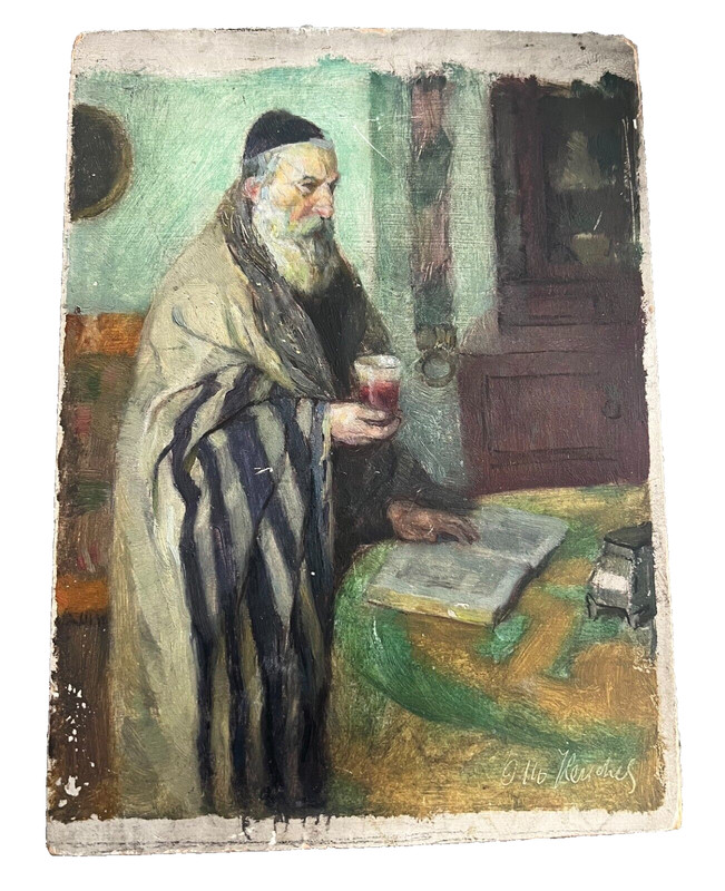 OTTO HERSCHEL Sabbath Blessings Judaica Painting on Wood Small 6.25 x 8.5″ Rabbi