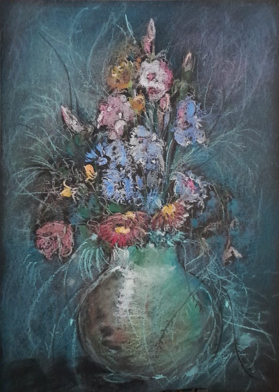 Original Floral Still Life Vase Teal Blue Pink Dry Pastel Painting 8.3×11.4 in