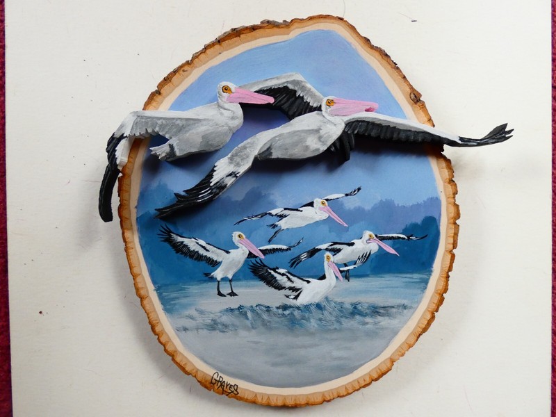 Hand Painted Two Pelicans Wood Cut-Out On Live Edge Basswood By Phyllis