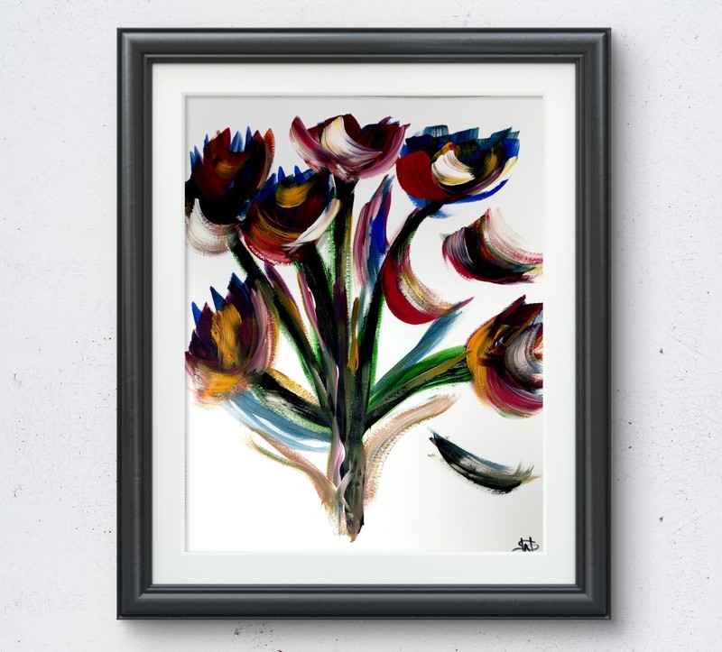 Acrylic rainbow flowers modern fine wall art painting 14X11 Gallery Paper