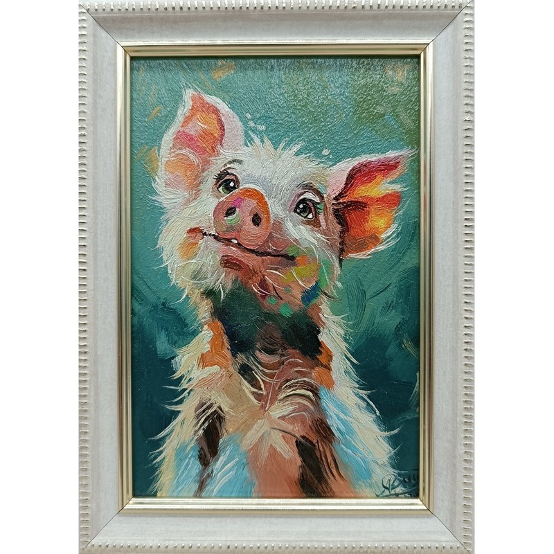 Original Oil Painting Pig 6×4 Signed Framed Artwork Farm Animal Wall Art