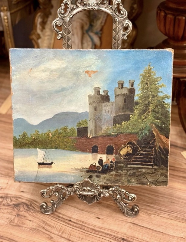 Antique European Castle Landscape Oil Painting on Canvas
